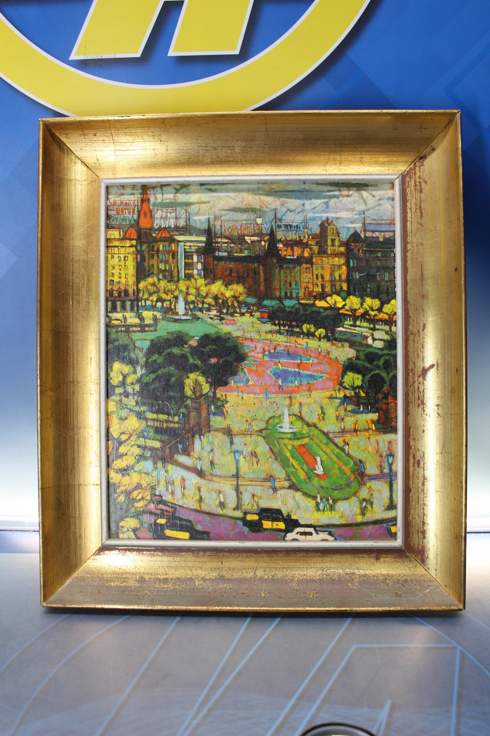 Serigrafía en marco de madera dorada. Plaza de Cataluña. Jesús Casaus. 1969.