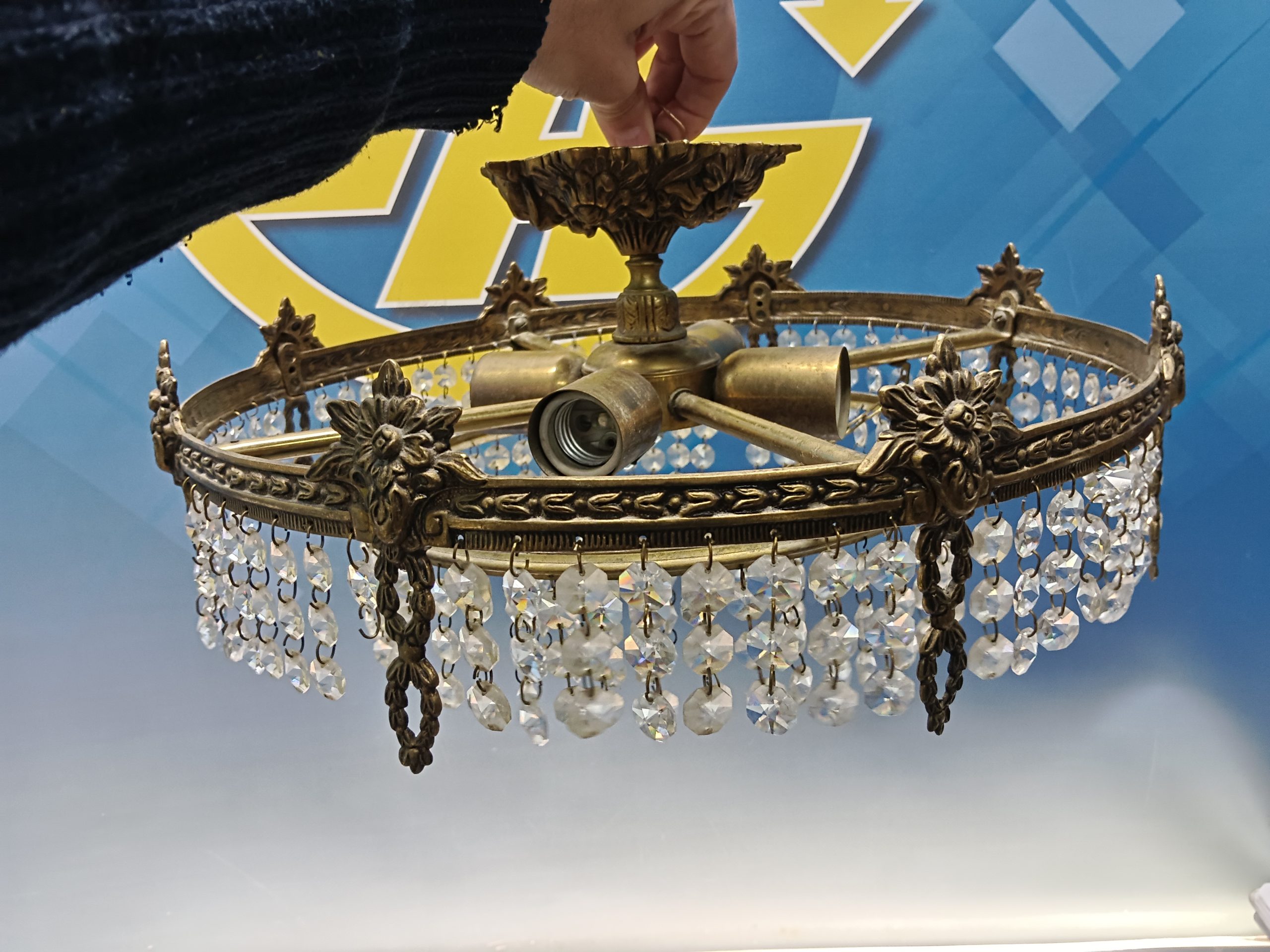 Lámpara de techo, redonda, 4 focos, mid century, bronce, lagrimas de cristal