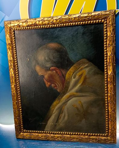 Curioso retrato de sacerdote. Óleo sobre tela s. XIX.