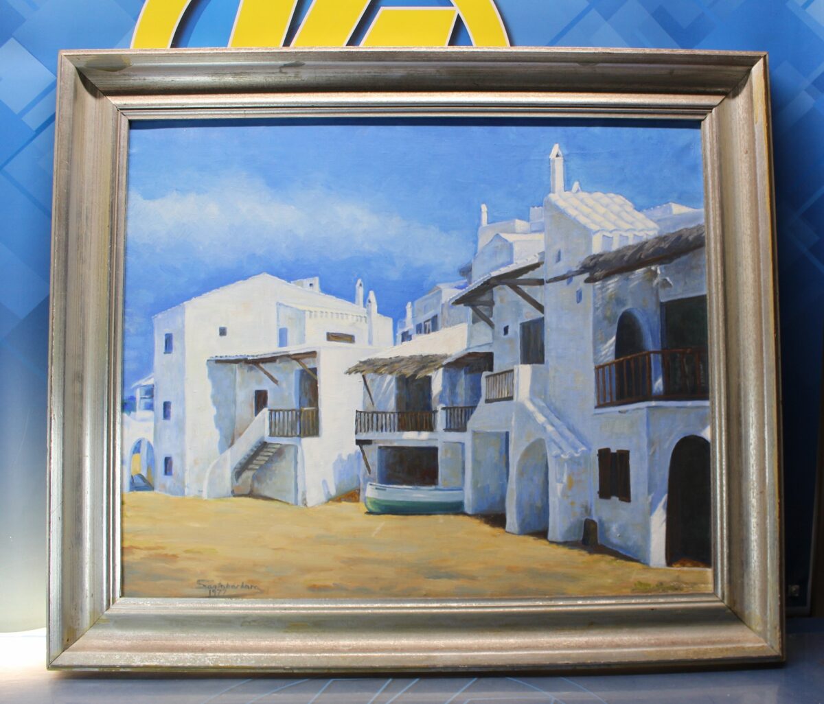 IMG_9651 Binibeca, Menorca. Óleo sobre lienzo firmado “Santabarbara” 1977. - Imagen 1
