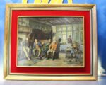 "The Landlord's Party Brew", Margaret Dovaston. Serigrafía en gran marco de madera dorada y tela.