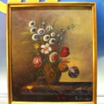 Anémonas, campanillas y rosas. Bodegón. Óleo sobre lienzo. Juan Badenes Miralles.
