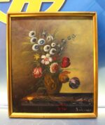 Anémonas, campanillas y rosas. Bodegón. Óleo sobre lienzo. Juan Badenes Miralles.